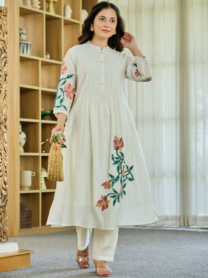Dhiyona IE Floral Embroidered Pure Cotton Tunic With Trousers Co-Ords