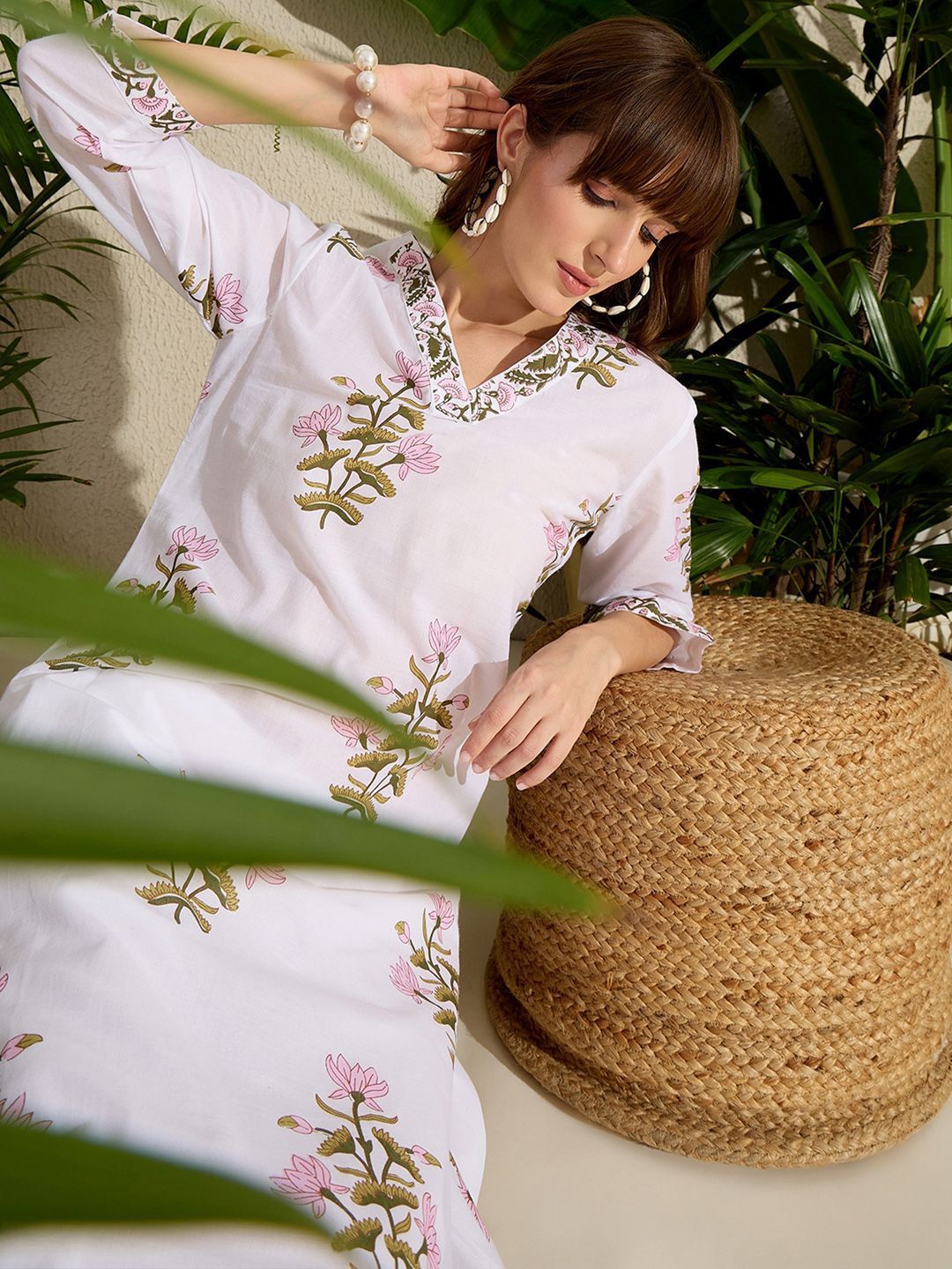 Women Floral Printed Pure Cotton A-Line Kurta with Trousers
