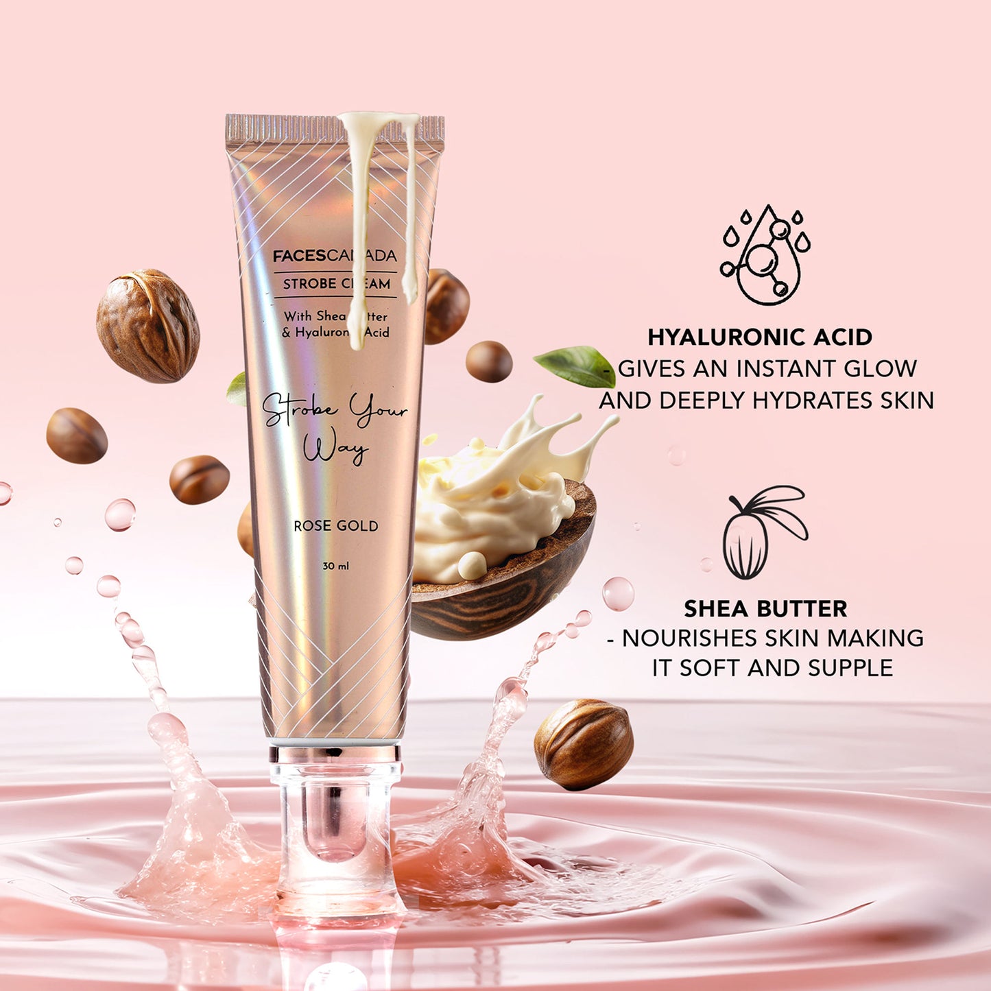 Faces Canada Strobe Cream Primer + Highlighter + Moisturizer With Hyaluronic Acid - Peach