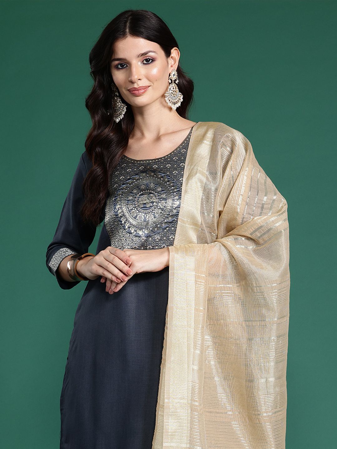 Indyancart IE Yoke Design Regular Kurta With Palazzos & Dupatta