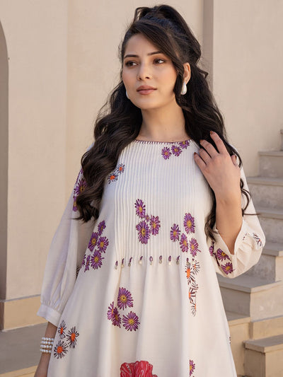 Indyancart IE Floral Printed A-Line Sequinned Pure Cotton Kurta With Trousers