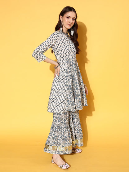 Indyancart VA Women's Floral Printed Empire Pure Cotton Kurta with Sharara & With Dupatta