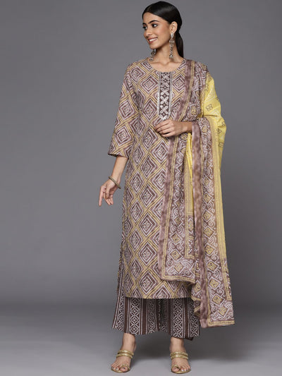 Indyancart VA Women's Brown Bandhani Printed Gotta Patti Pure Cotton Kurta with Palazzos & With Dupatta