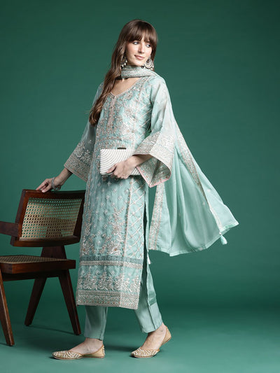 Indyancart IE Ethnic Motifs Embroidered Regular Mirror Work Kurta with Trousers & Dupatta