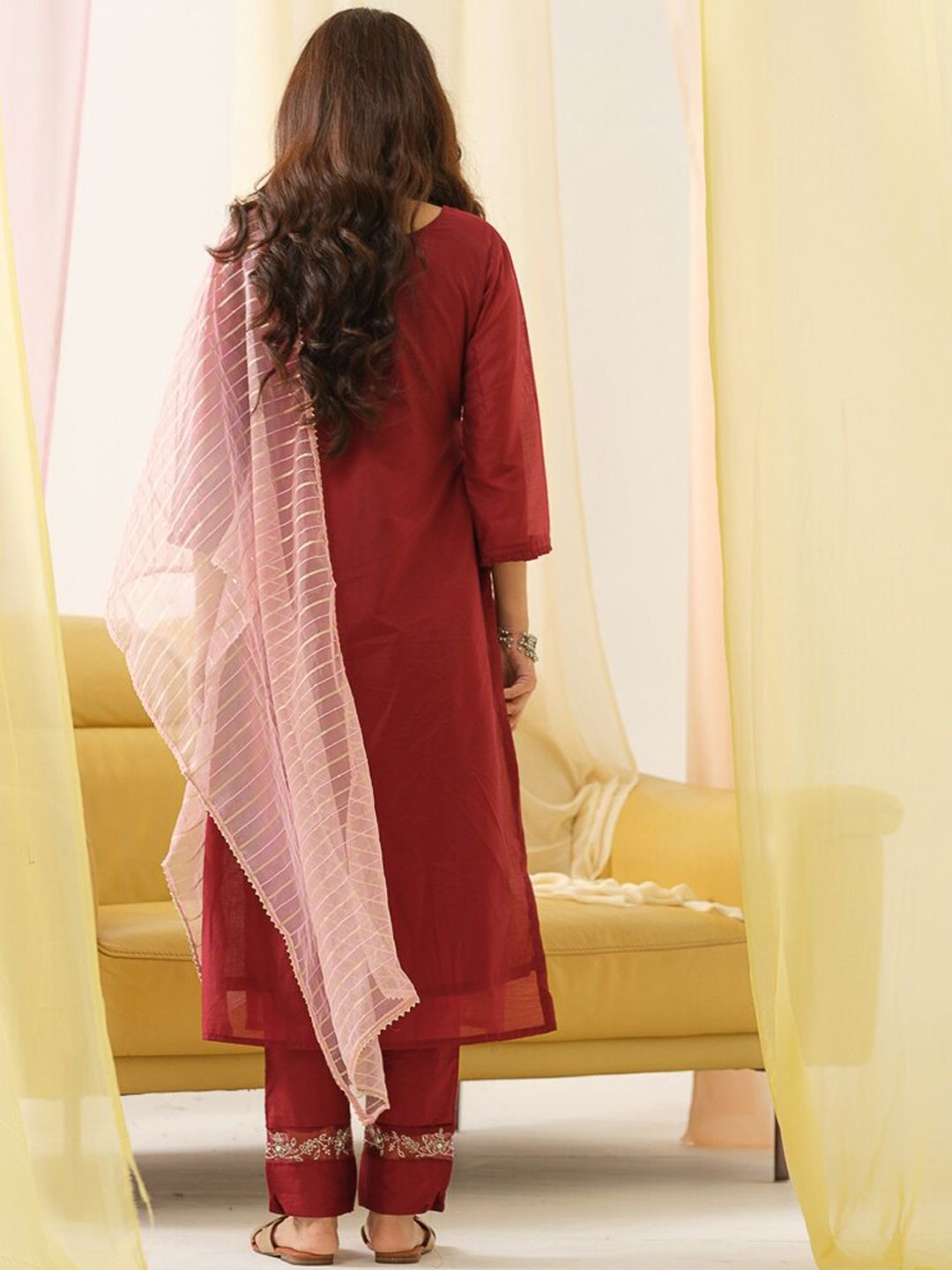 Indyancart SN Women's Embroidered Round Neck Straight Beads and Stones Kurta With Trouser & Dupatta