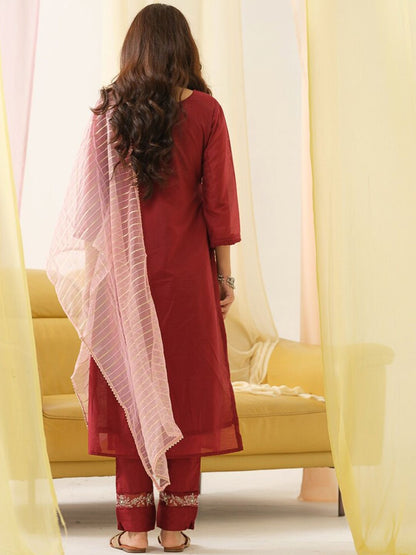 Indyancart SN Women's Embroidered Round Neck Straight Beads and Stones Kurta With Trouser & Dupatta