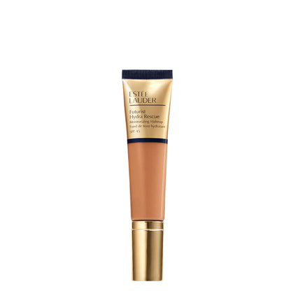 Estee Lauder Futurist Hydra Rescue Moisturizing Makeup SPF 45 in 5w1 Bronze, showing the foundation bottle with bronze shade and pump dispenser.