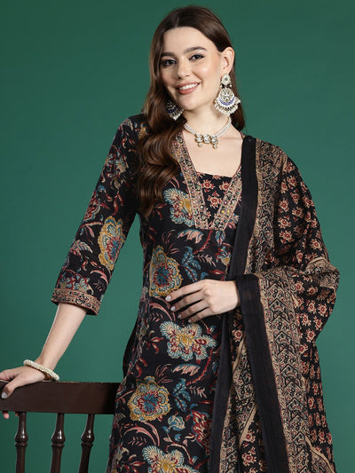 Indyancart IE Floral Printed Sequinned Pure Cotton Kurta With Trousers & Dupatta
