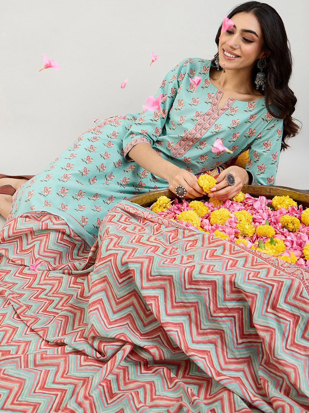 Indyancart IE Blue Floral Printed Notch Neck Pure Cotton Straight Kurta with Trousers & Dupatta