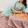 Indyancart IE Blue Floral Printed Notch Neck Pure Cotton Straight Kurta with Trousers & Dupatta