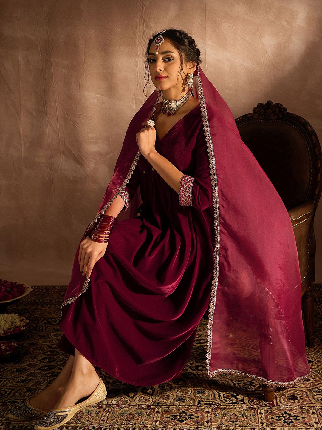 Indyancart IE Women Empire Thread Work Velvet Kurta with Trousers & With Dupatta