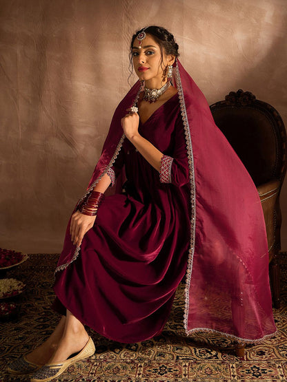 Indyancart IE Women Empire Thread Work Velvet Kurta with Trousers & With Dupatta