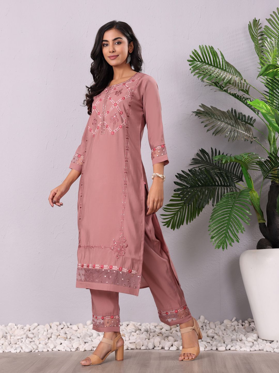 Indyancart VA Women'sMauve Floral Embroidered Mirror Work Kurta With Trousers & Dupatta