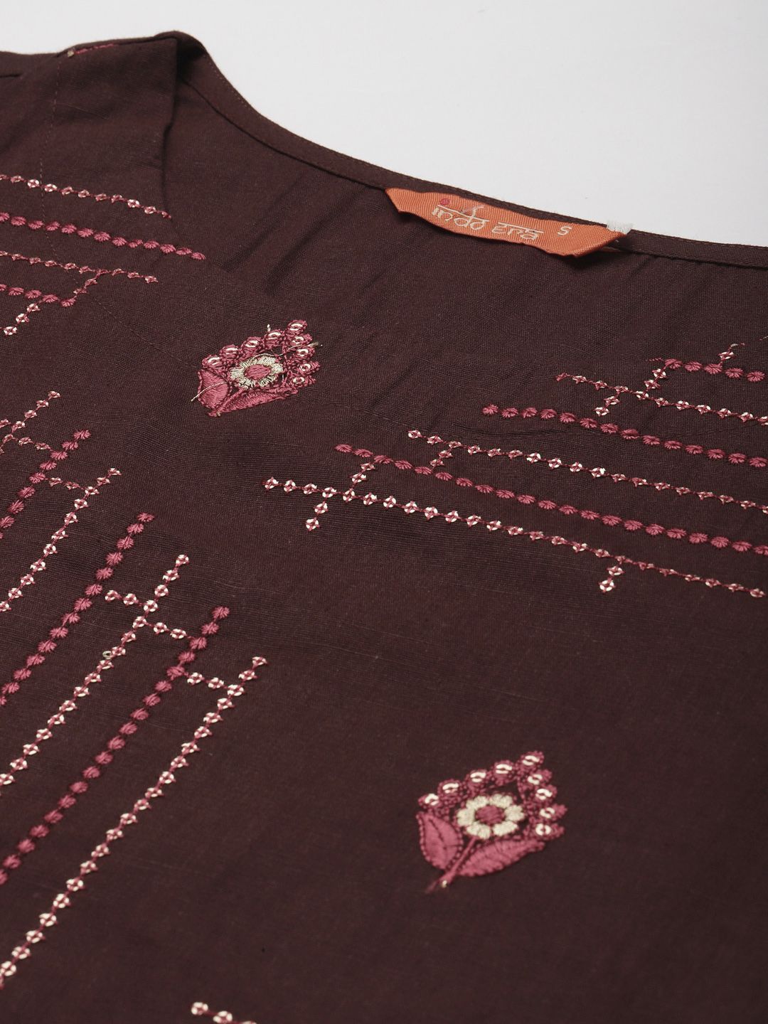 Indyancart IE Women Brown & Pink Embroidered Cotton Kurta with Trousers & With Dupatta