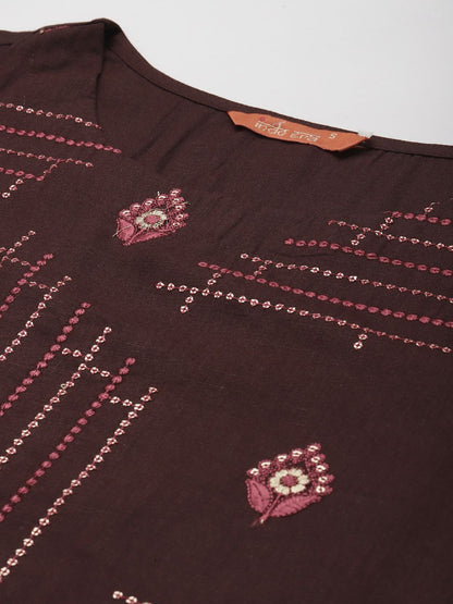Indyancart IE Women Brown & Pink Embroidered Cotton Kurta with Trousers & With Dupatta