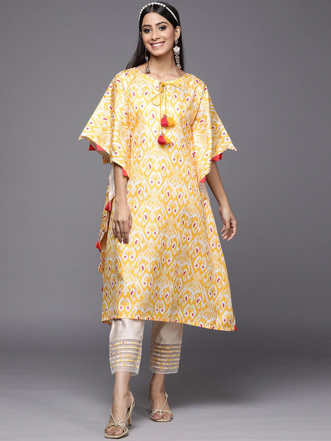 Dhiyona IE Women Yellow Ethnic Motifs Printed Kaftan Kurta with Trousers