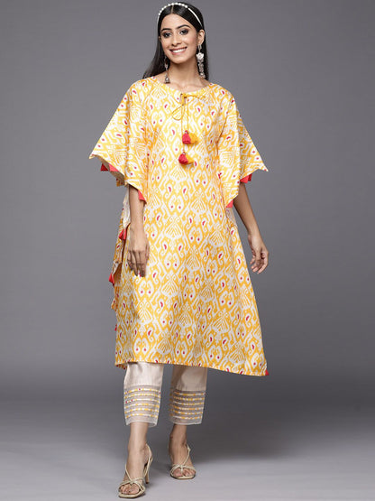 Dhiyona IE Women Yellow Ethnic Motifs Printed Kaftan Kurta with Trousers