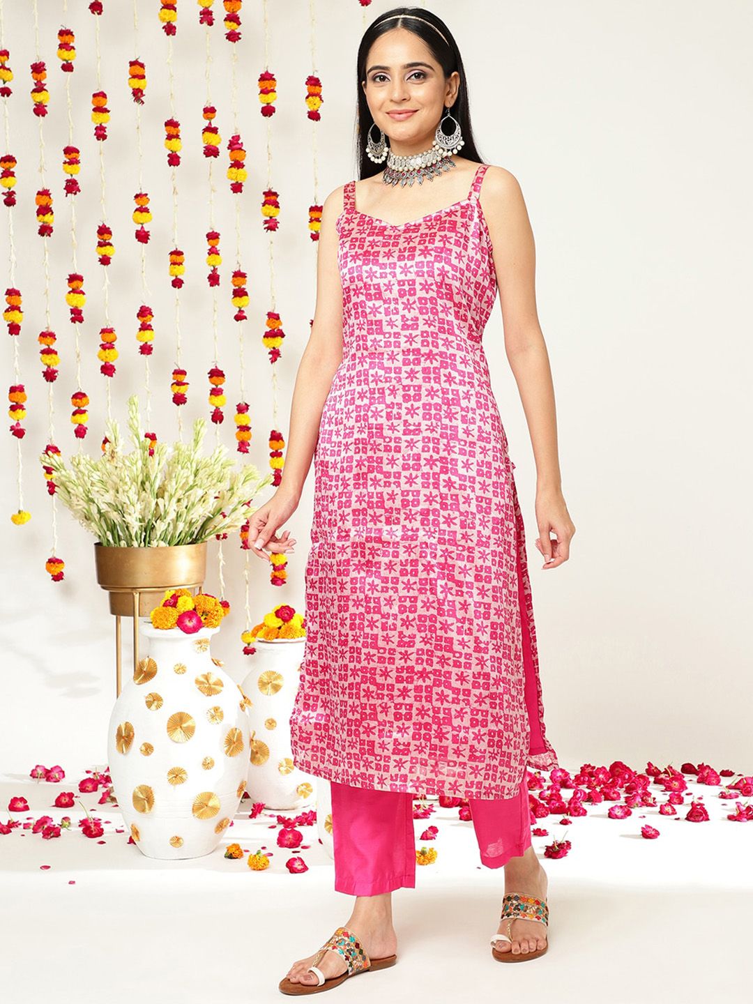 Indyancart VA Women's Batik Abstract Print Shoulder Straps Straight Kurta With Trousers & Dupatta