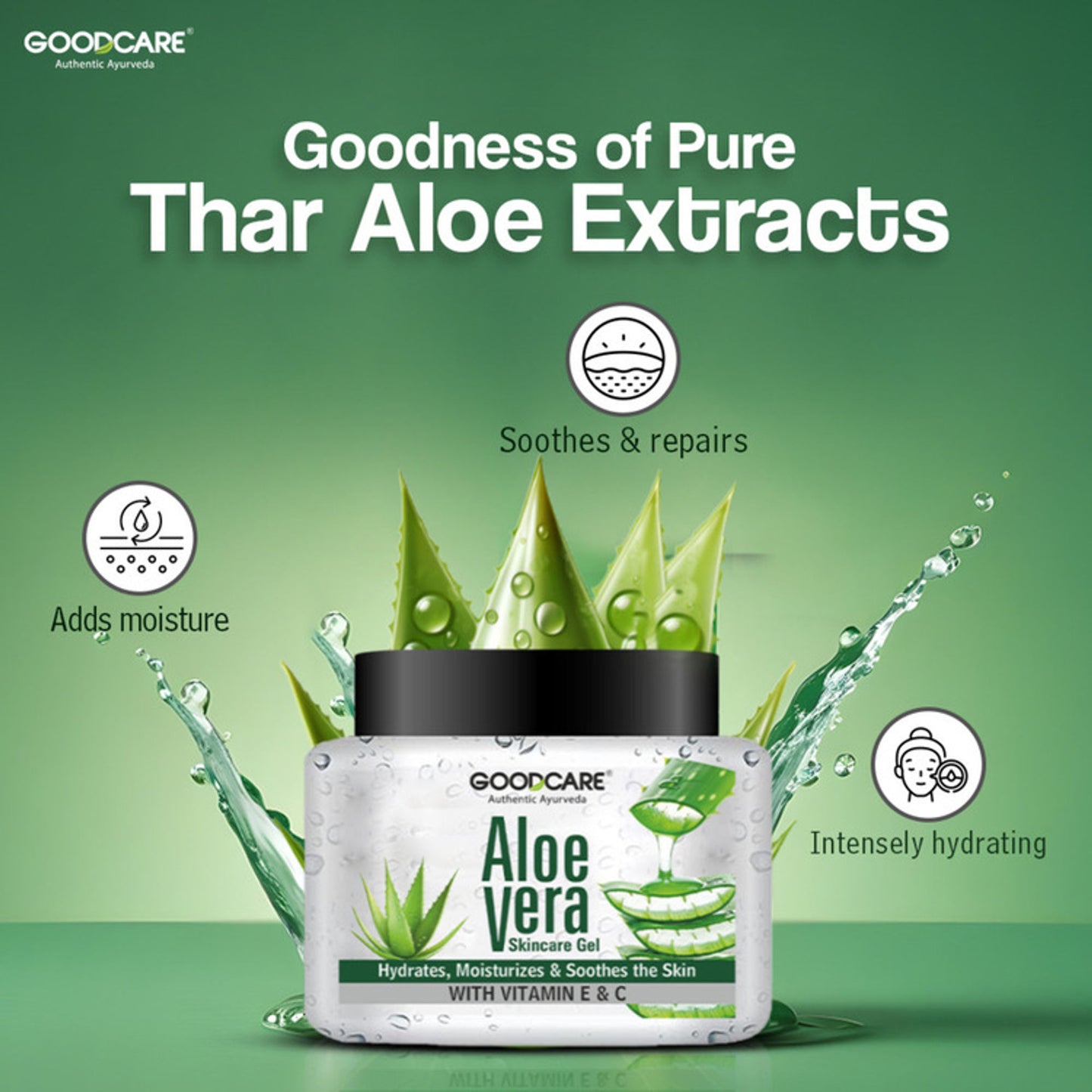 GOODCARE Pure Ayurvedic Aloe Vera Gel for Hair, Skin & Face with Vitamin E and C