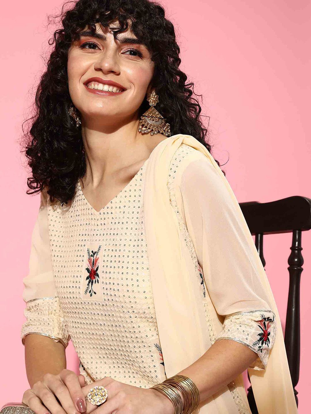 Indyancart IE Floral Embroidered Sequinned Kurta With Trouser & Dupatta