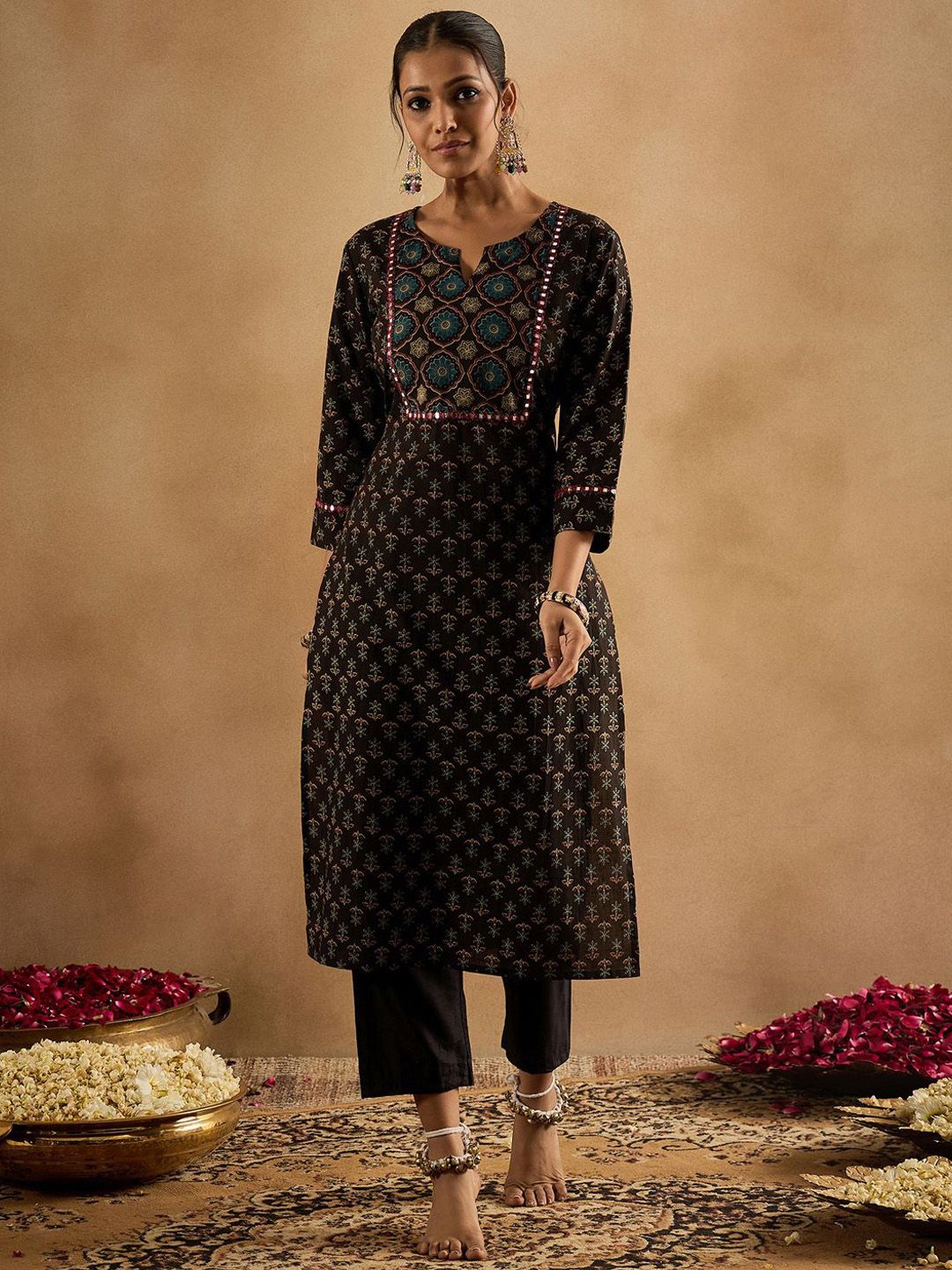 Indyancart IE Floral Printed Notch Neck Mirror Work Pure Cotton Straight Kurta