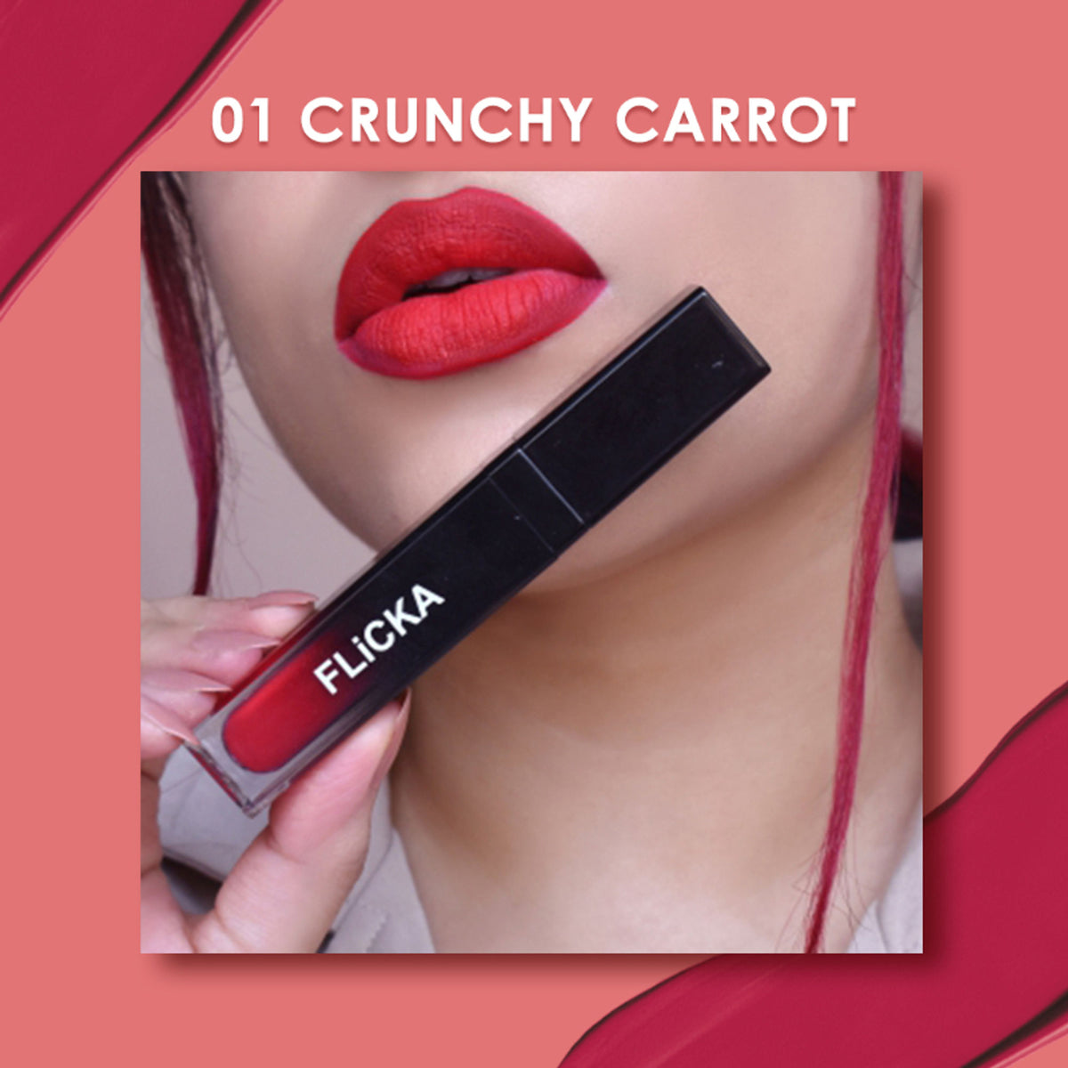 FLiCKA Flicka Set with Attack Liquid Lipstick in 01 Crunchy Carrot, waterproof and smudge-proof long-lasting orange lipstick.