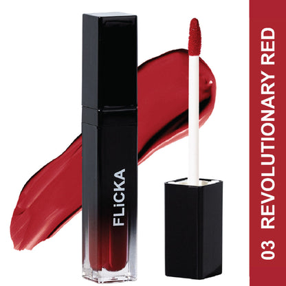 FLiCKA Flicka Set with Attack Liquid Lipstick in Revolutionary Red, waterproof and smudgeproof, long-lasting lip color.
