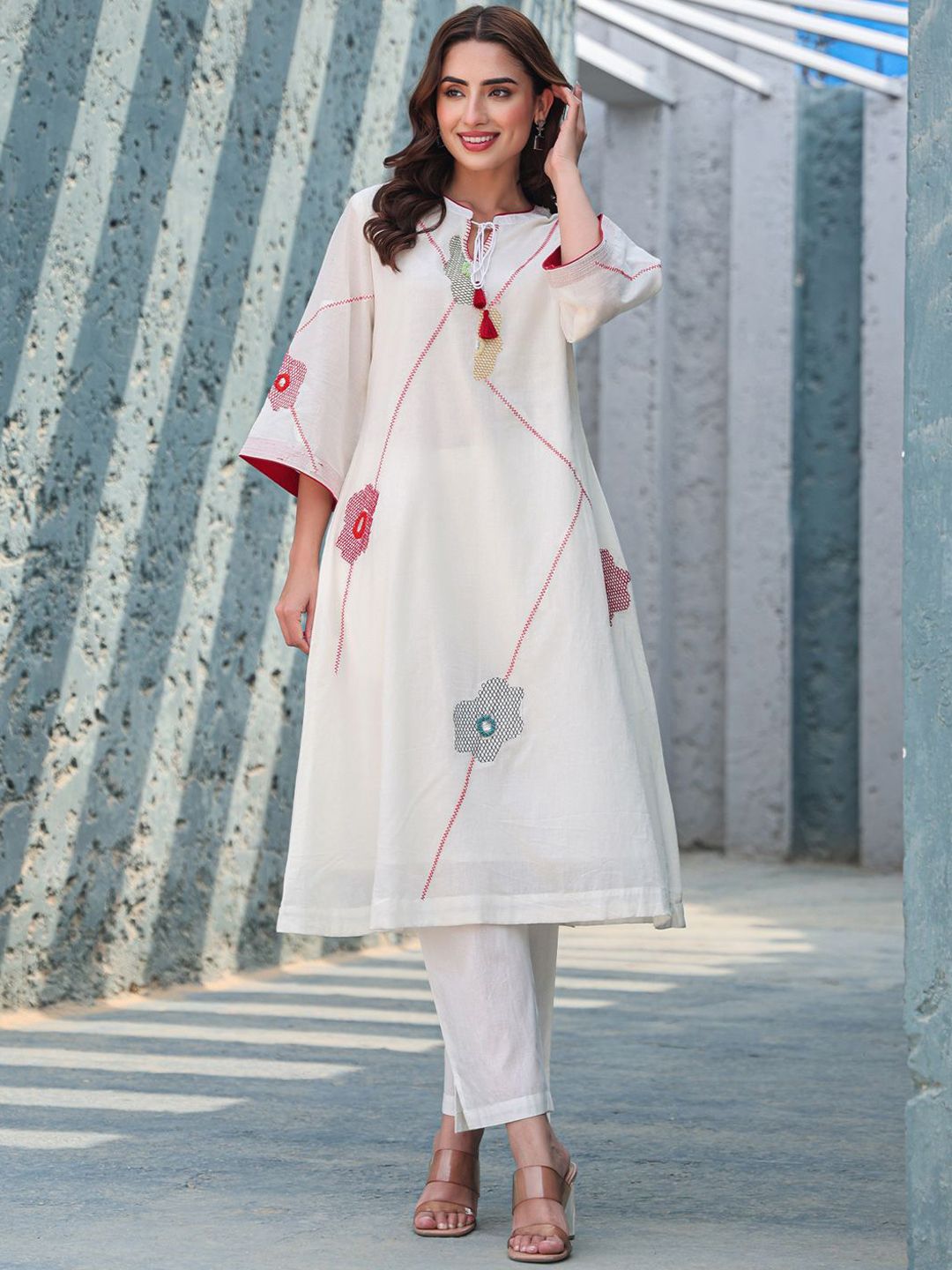 Floral Embroidered Mirror Work Tie-Up Neck Pure Cotton A-Line Kurta With Trousers