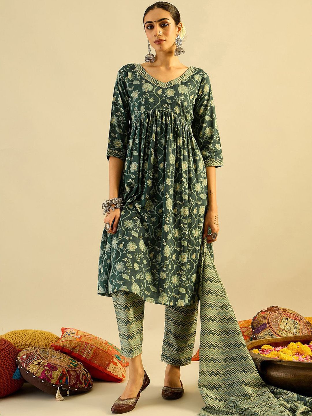 Dhiyona IE Green Floral Printed V-Neck Pure Cotton A-Line Kurta with Trousers & Dupatta