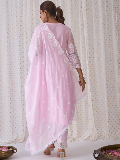 Floral Embroidered V-Neck Pure Cotton Kurta with Trousers & Dupatta