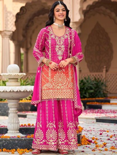 Dhiyona IE Floral Embroidered Zari Straight Kurti With Palazzos And Dupatta