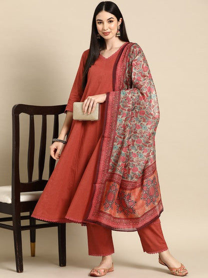 Women's Anarkali Pure Cotton Kurta With Trousers & Dupatta