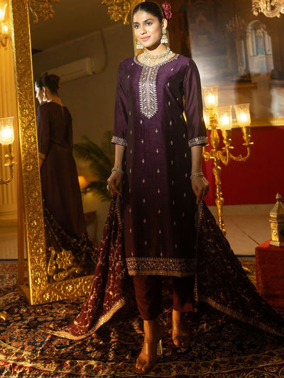 Indyancart IE Women Ethnic Motifs Embroidered Regular Kurta with Trousers & With Dupatta