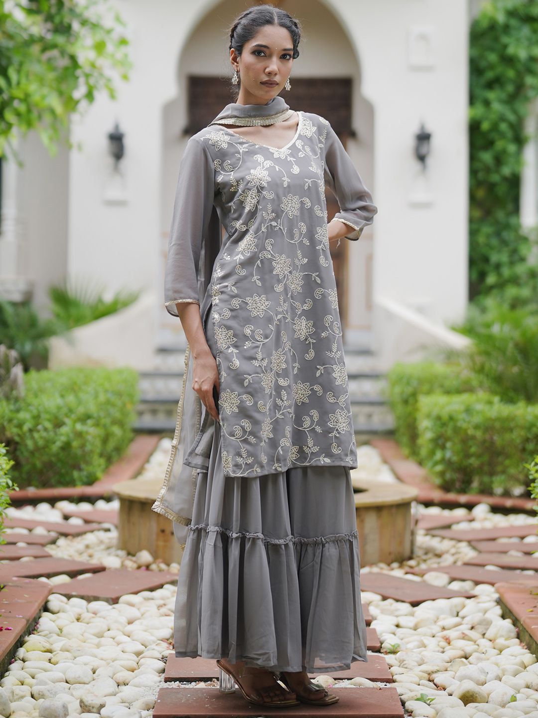 Indyancart IE Floral Embroidered Kurta With Sharara & Dupatta