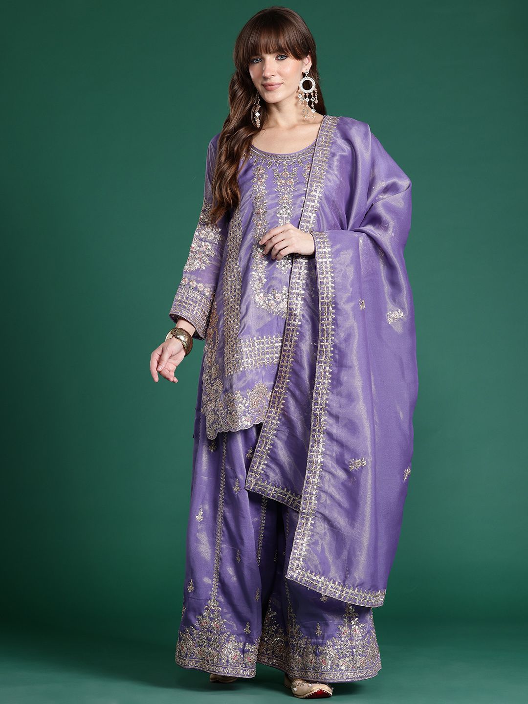 Indyancart IE Ethnic Motifs Embroidered Sequinned Kurta With Palazzos & Dupatta