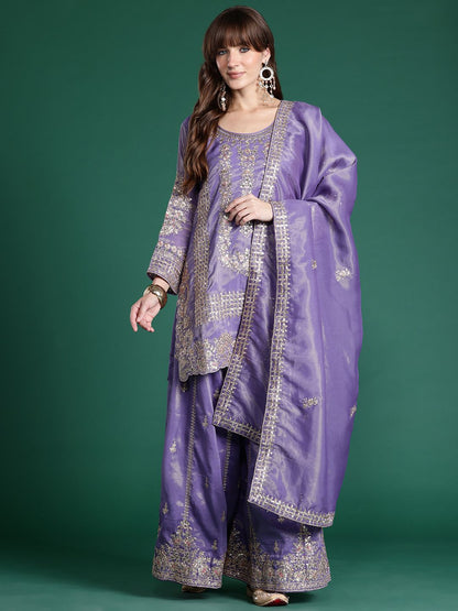 Indyancart IE Ethnic Motifs Embroidered Sequinned Kurta With Palazzos & Dupatta