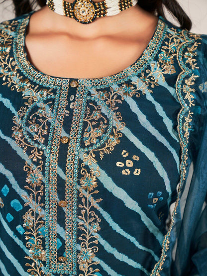 Indyancart SN Women's Leheriya Embroidered Straight Kurta With Trousers & Dupatta
