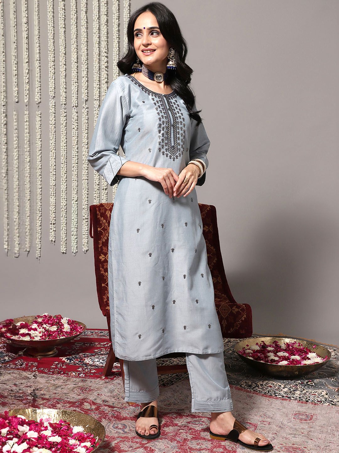 Indyancart VA Women's Sequinned Kurta with Trousers & With Dupatta