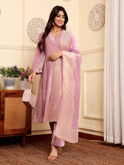 Indyancart VA Women'sVelvet Kurta with Palazzos & With Dupatta