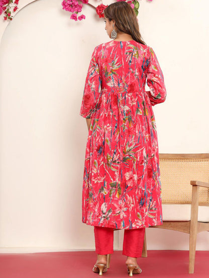 Indyancart VA Women'sPink Gotta Patti Floral Embroidered V- Neck Empire Kurta With Trousers & Dupatta