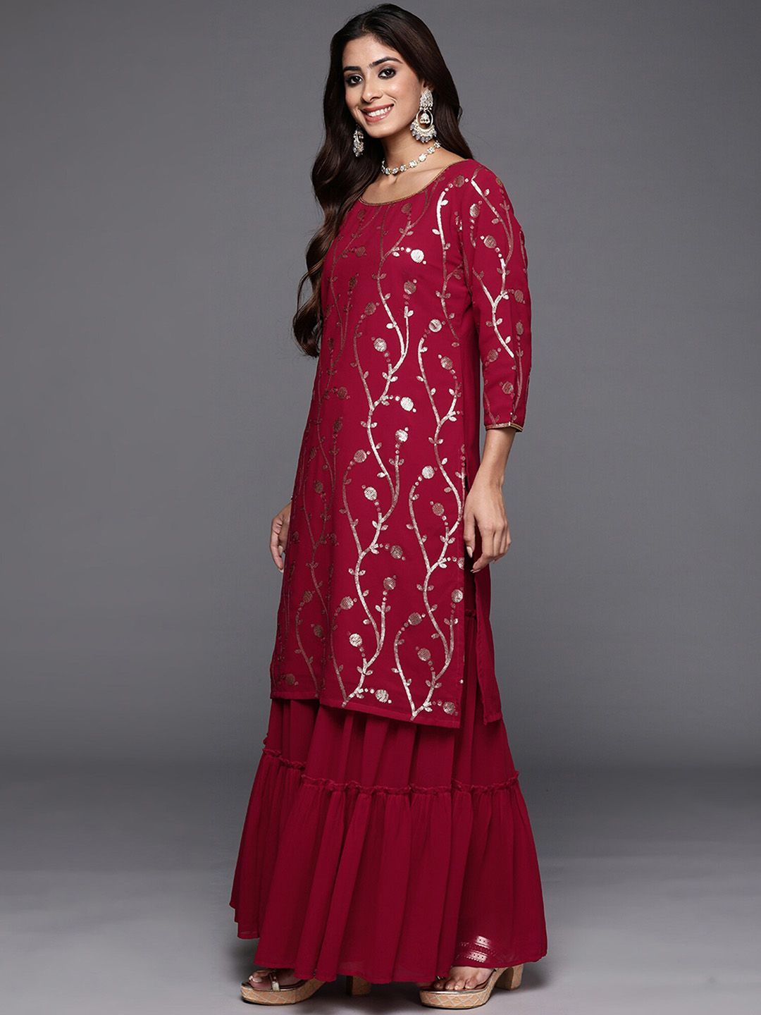 Indyancart IE Floral Embroidered Sequinned Georgette Straight Kurta with Sharara & With Dupatta