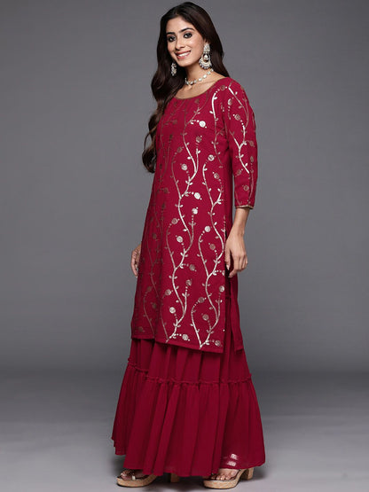 Indyancart IE Floral Embroidered Sequinned Georgette Straight Kurta with Sharara & With Dupatta