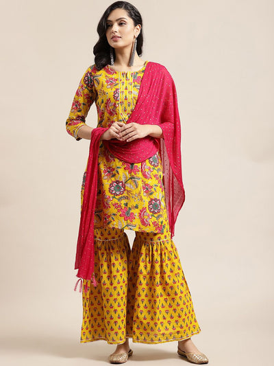 Indyancart VA Women's Yellow Floral Printed Straight Pure Cotton Kurta & Sharara With Dupatta