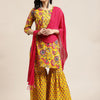 Dhiyona VA Women's Yellow Floral Printed Straight Pure Cotton Kurta & Sharara With Dupatta