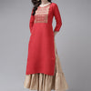 Dhiyona IE Women Red Ethnic Motifs Yoke Design Thread Work Straight Kurta