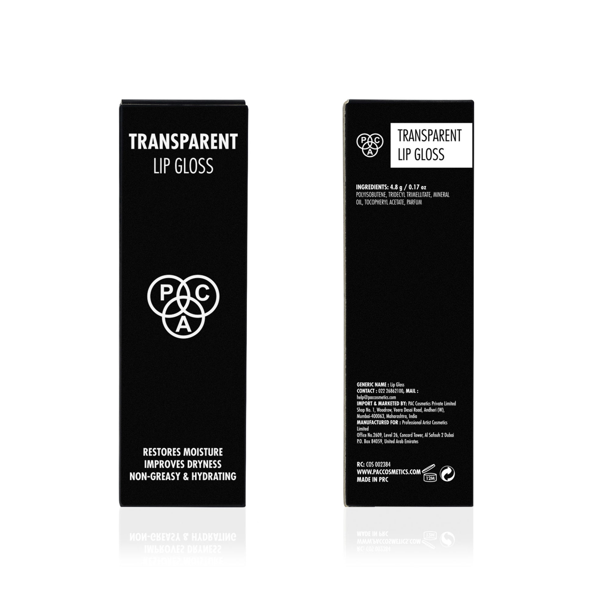 PAC Transparent Lip Gloss - Intense Shine, Nourishes Chapped Lips, Non Sticky & Longlasting