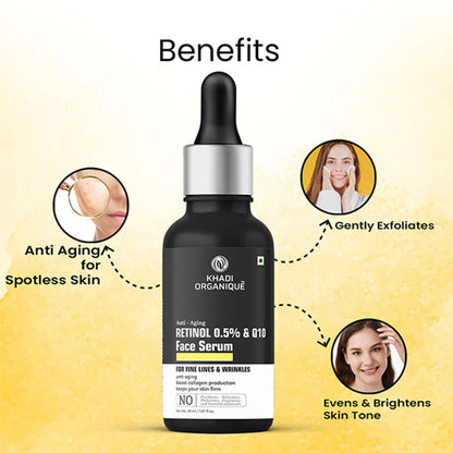 Khadi Organique Retinol 0.5% + Q10 Face Serum for Aging, Wrinkles, Fine Lines & Boost Collagen 30ml