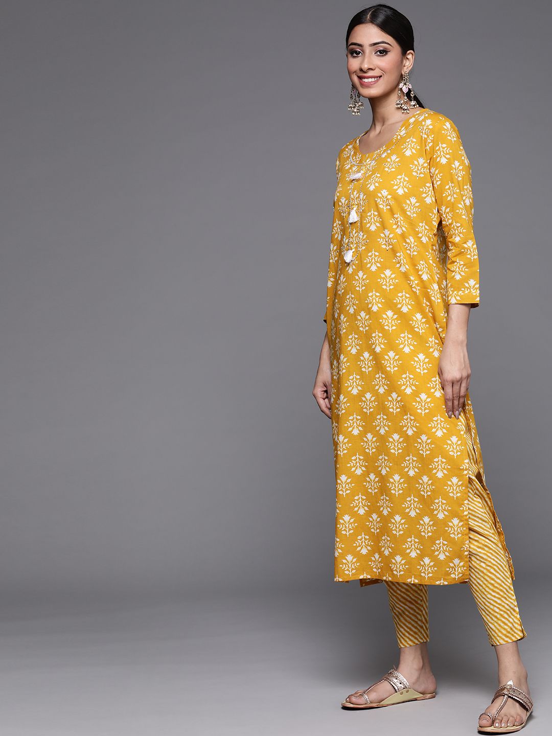 Indyancart VA Women's Mustard Yellow Ethnic Motifs Printed Sequinned Pure Cotton Kurta with Trousers & With Dupatta