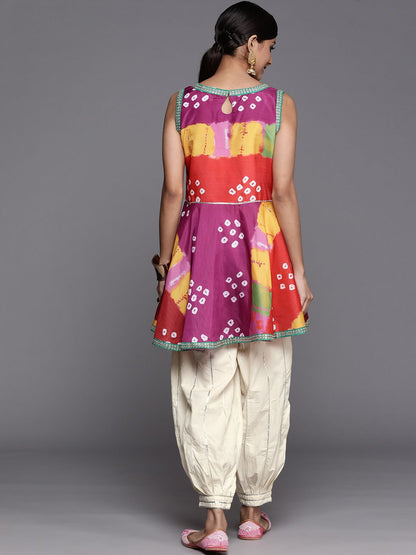 Indyancart VA Women's Multicoloured Bandhani Printed Kurta with Salwar