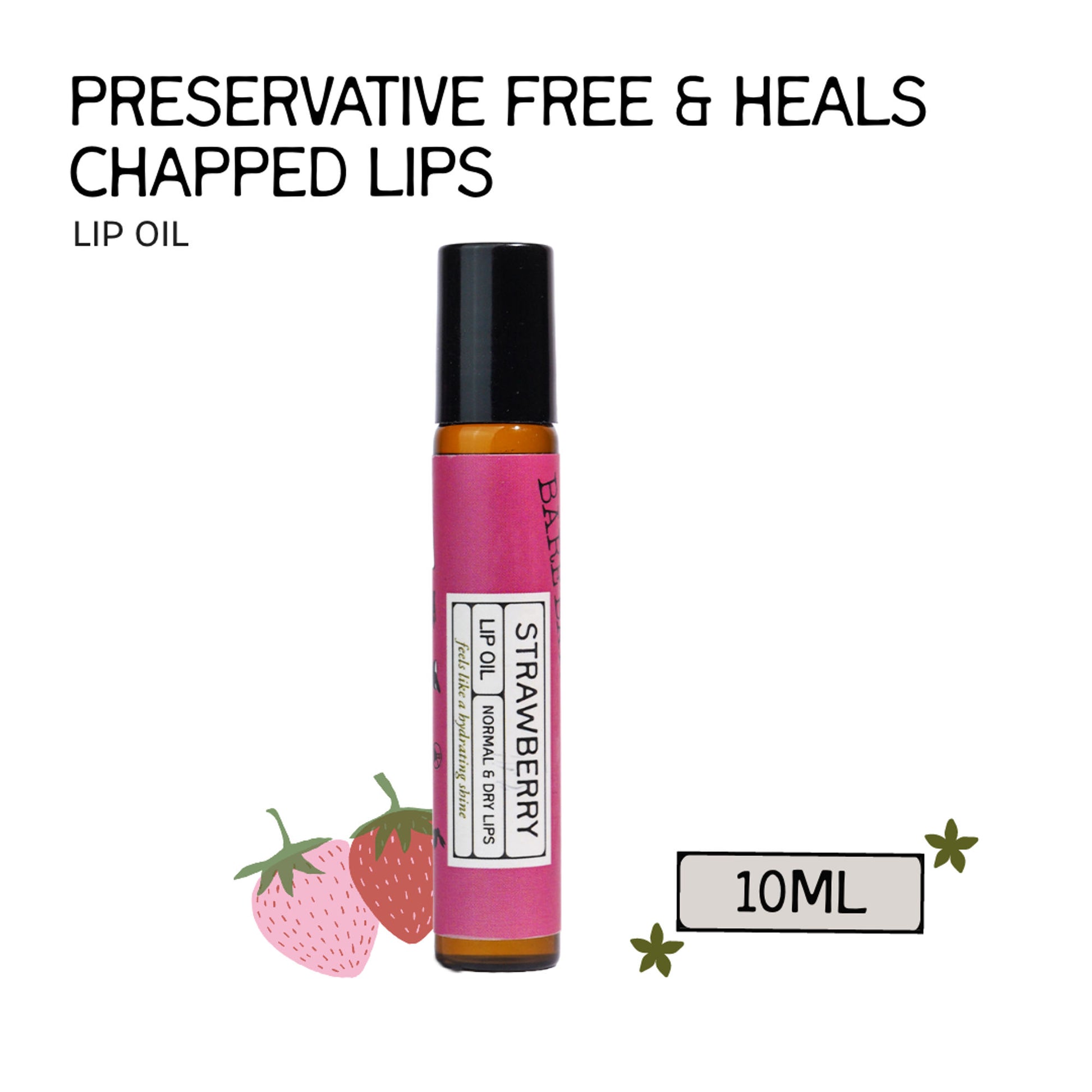 The Bare Bar Strawberry Lip Oil - Jojoba & Coconut Oils for Smooth, Soothing Lip Care